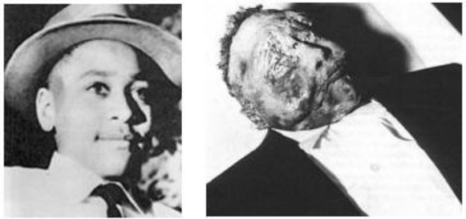 Juxtaposed images of murdered teen Emmett Till from when he was alive and his body after he was found dead. (Google Images)