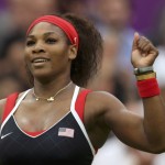 Serena Williams of the U.S. celebrates after defeating Russia's Zvonareva in their women's singles tennis match at the All England Lawn Tennis Club during the London 2012 Olympic Games