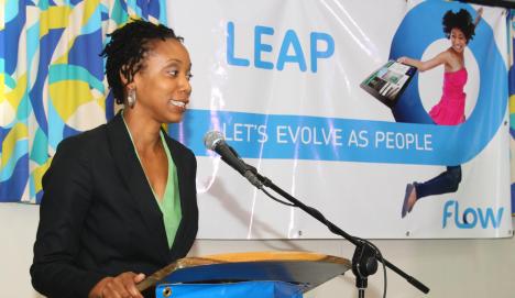 Gail Purcell, country manager of Columbus Communications Grenada Ltd, operating as FLOW discusses the Let’s Evolve as People (LEAP) campaign. (Photo Credit: Google Images)