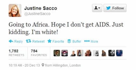 IAC public relations executive Justine Sacco was fired for her hateful tweet.  (Photo Credit: Twitter)