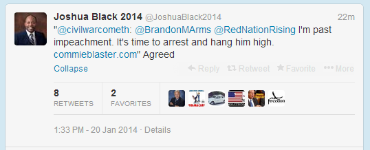 Florida GOP hopeful Joshua Black calls for President Obama to be hanged. (Photo Credit: Twitter)