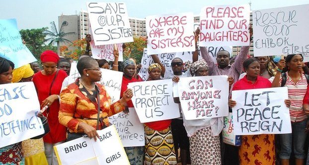 Women gather to protest the kidnapping of 200 Nigerian schoolgirls in Chibok.